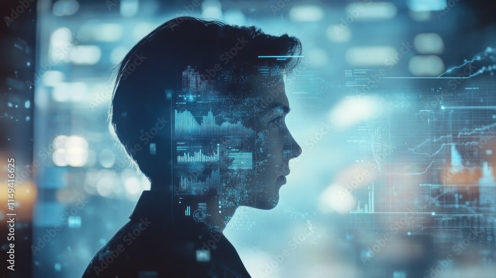 Aufkleber man's silhouette with digital data overlays.