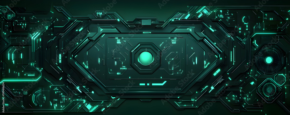 Poster futuristic digital interface with glowing elements and circuit patterns.