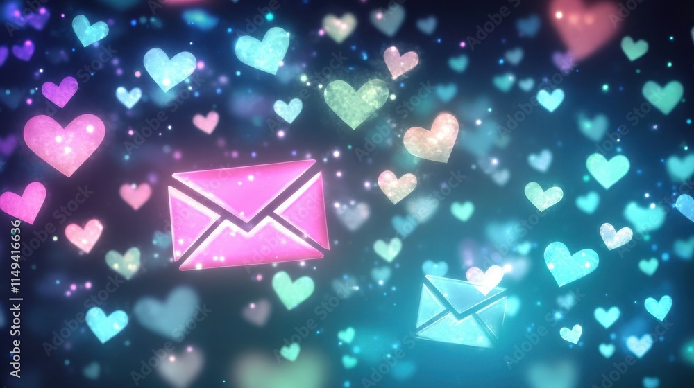 Poster colorful hearts and envelopes on a soft bokeh background