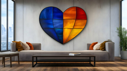 Abstract Heart Wall Art: Blue, Orange, and Red Geometric Design
