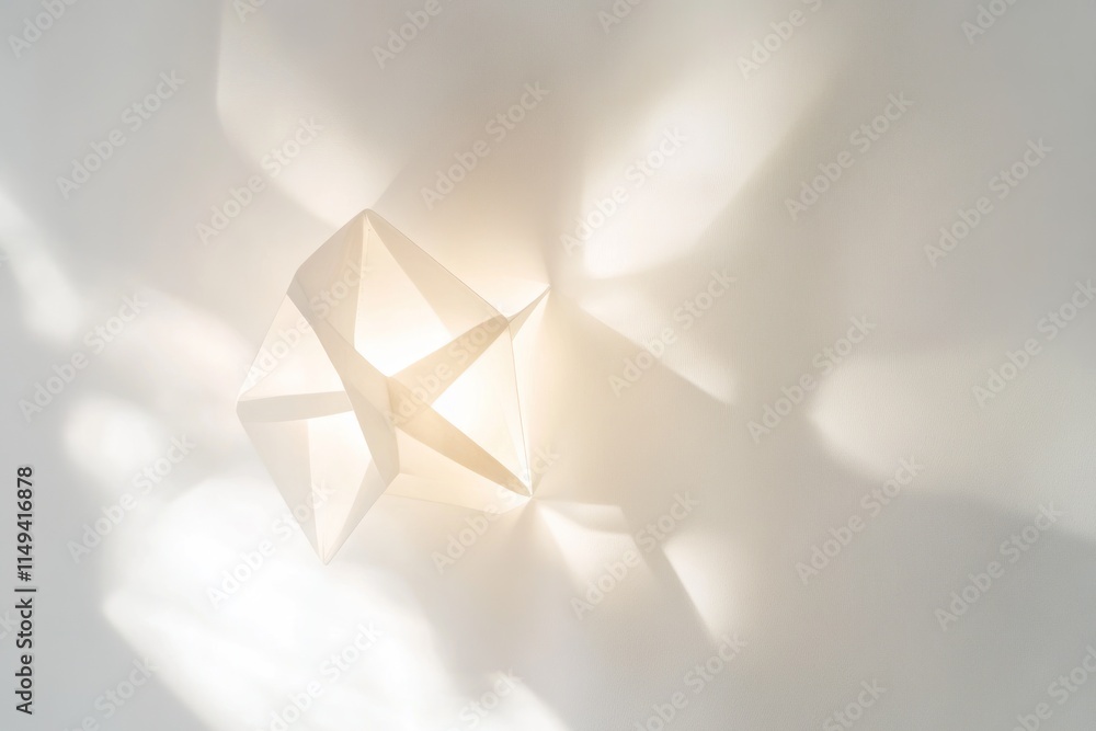 Poster Geometric paper sculpture on white surface with soft shadows.
