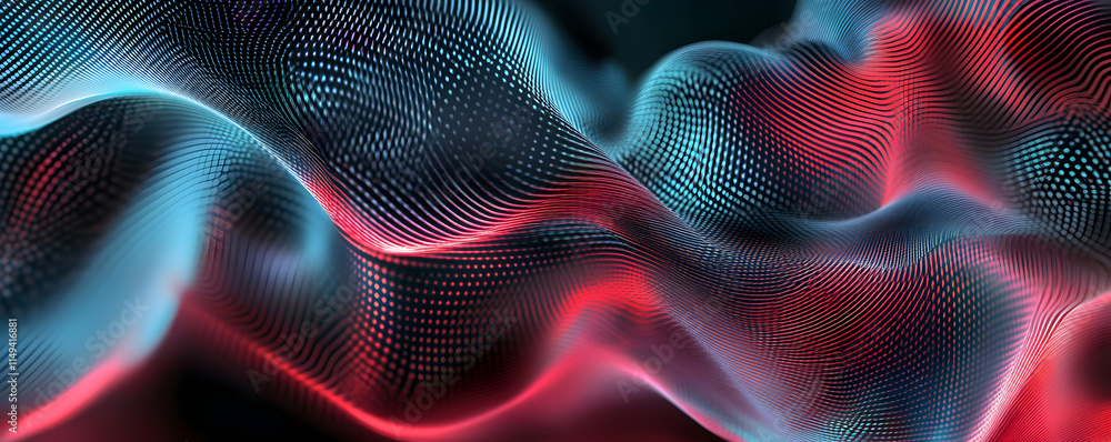 Poster abstract waves of red and blue light create a dynamic visual flow.