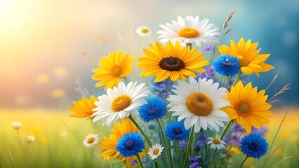 Golden and Blue Blooms in a Sunlit Field