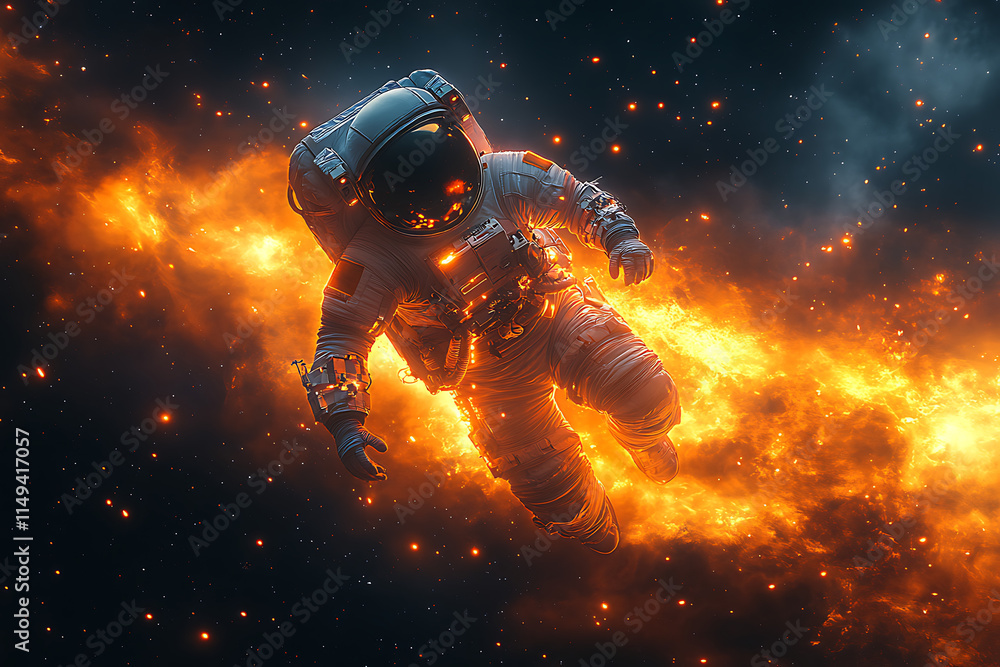 Wall mural an astronaut floats through a fiery cosmic scene, illustrating the vastness of space.