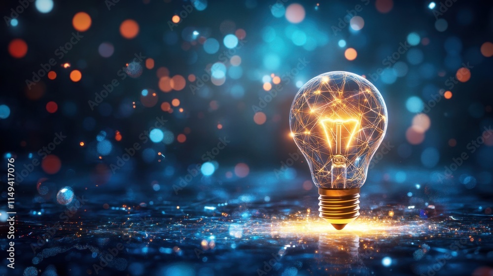Poster sparkling light bulb with network connections on a dark background