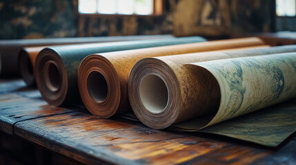 Crafting beautiful spaces with rolls of wallpaper in an artisanal workshop on a sunny afternoon