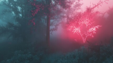 Enigmatic Pink Glow in a Misty Forest