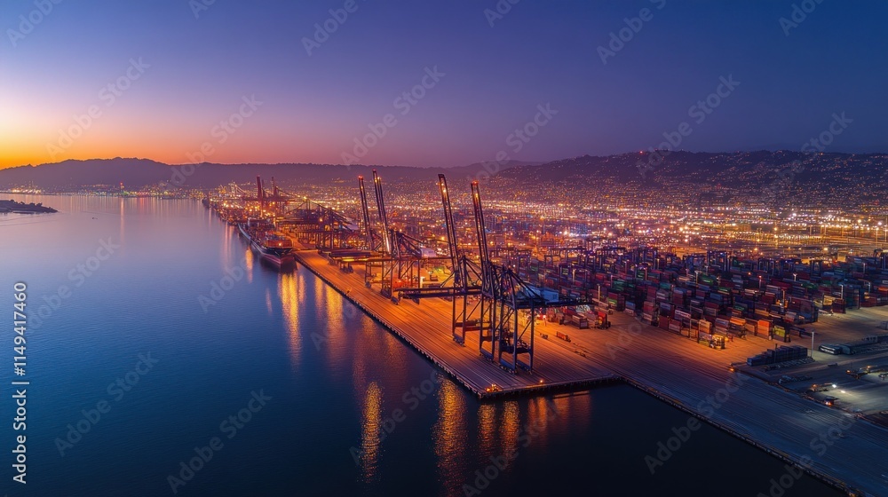 Poster night view of a busy cargo port with many cranes.