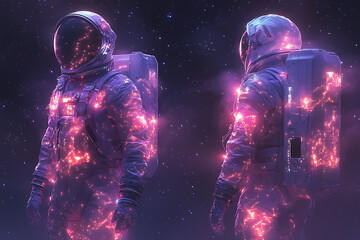 Naklejka premium Futuristic astronaut design with a cosmic, glowing effect in a starry background.