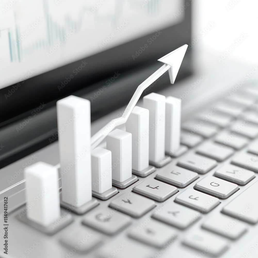 Poster White bar graph with arrow on laptop keyboard.