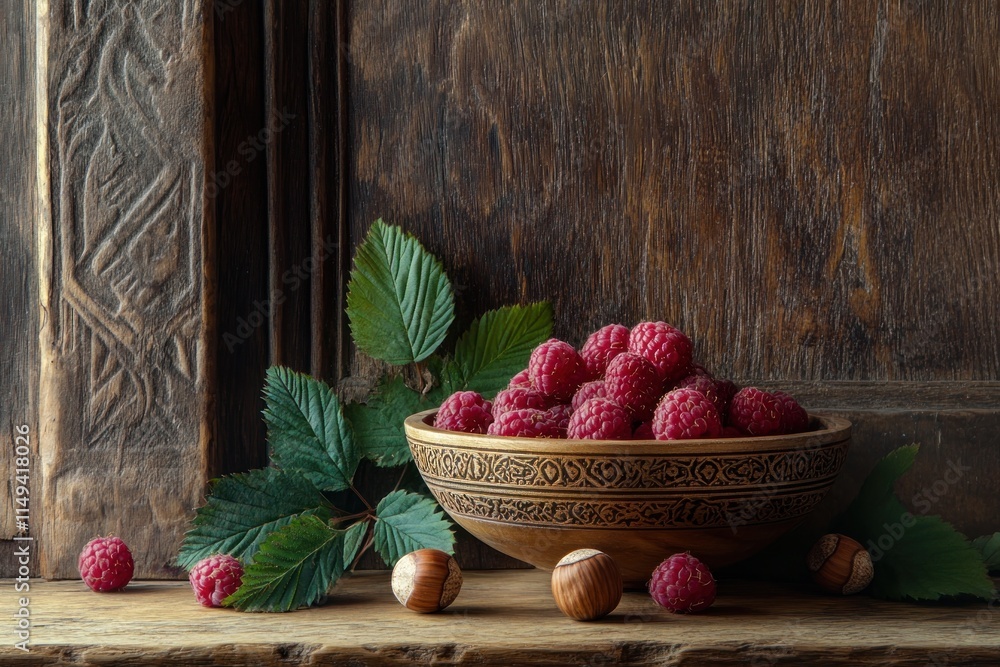 Poster raspberries in bowl with hazelnuts on wooden surface.