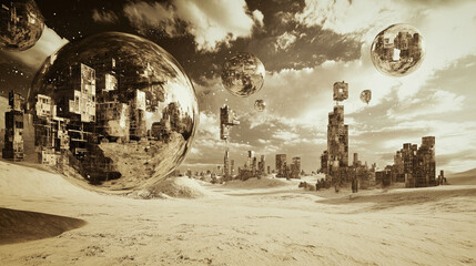 Sepia Desert Cityscape with Floating Qubits: 3D Rendering