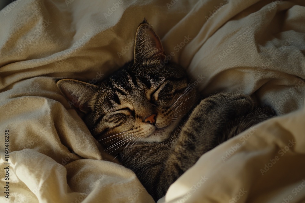 Poster sleeping tabby cat nestled in blankets.