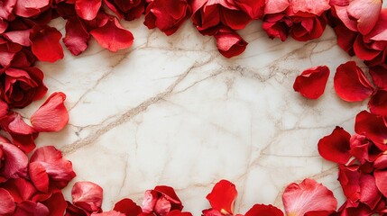Rose petals forming a border on a marble floor, framing an empty space in the center.