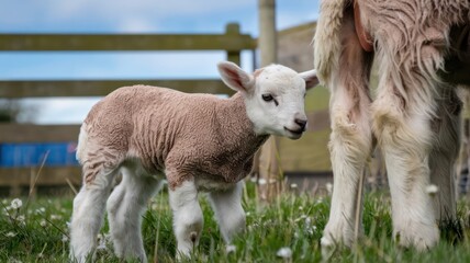 Obraz premium A young lamb stands in a grassy field near its mother