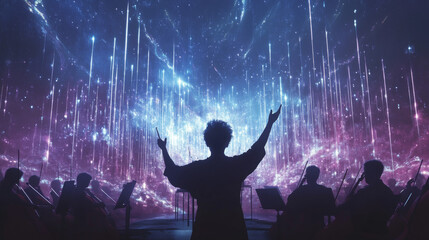 Celestial Orchestra Conductor, Futuristic Music, Ethereal Performance, Cosmic Symphony, Digital Art