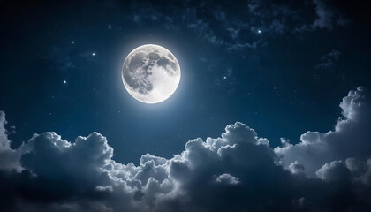 "A stunning full moon shining brightly through scattered clouds, illuminating the night sky with stars twinkling around it."