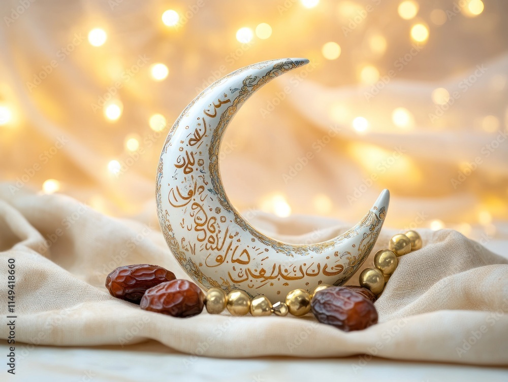 Poster crescent moon decor with dates and beads on cloth, with bokeh lights background.