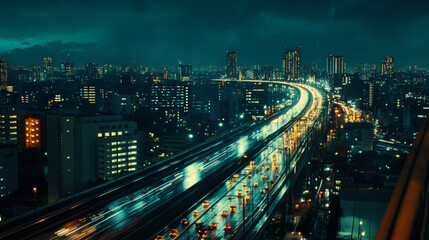 Fototapeta premium Cityscape, Night, Highway, Traffic, Lights