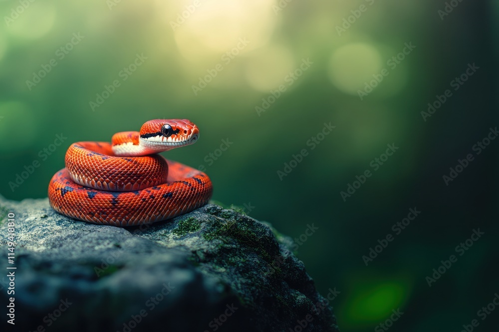 Poster red snake coiled on rock in forest, bokeh background.