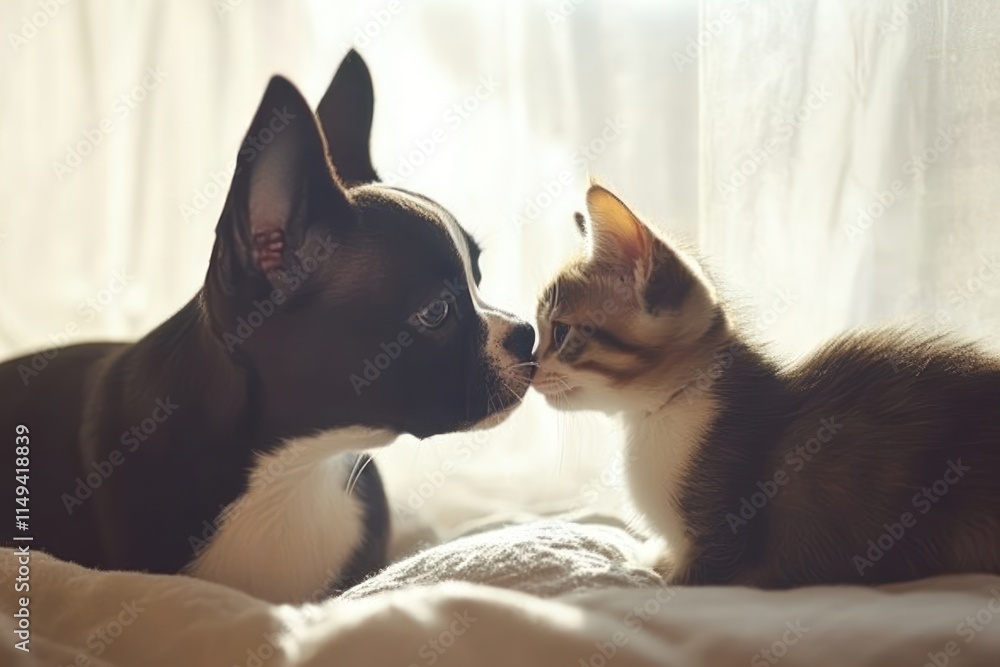 Poster puppy and kitten touching noses in soft light.