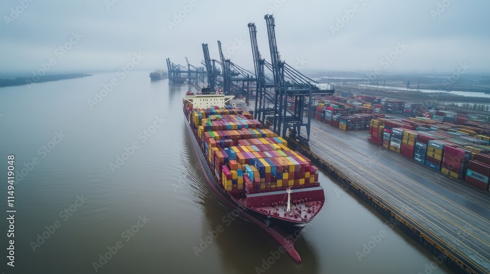 Poster container ship docked at port with cranes and cargo.