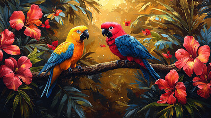 Fototapeta premium Vibrant macaws perched together surrounded by tropical foliage