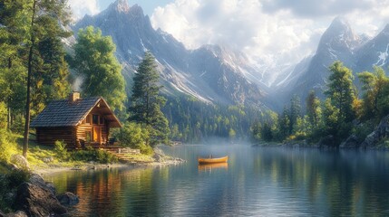 Naklejka premium Serene mountain lake cabin, canoe, peaceful.