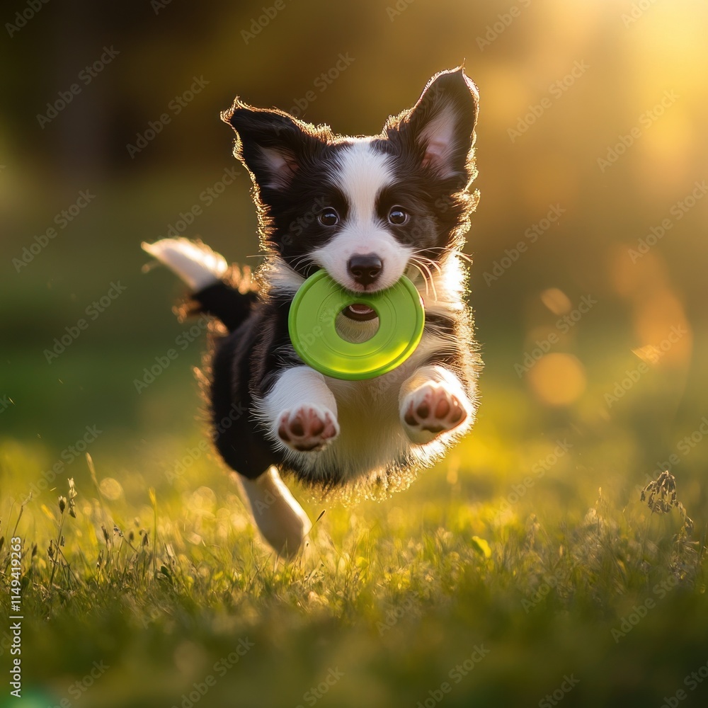 Poster a running border collie puppy holds a toy in its mouth on grass.