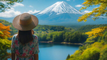 Fototapeta premium Woman gazes at Mount Fuji reflecting in calm lake surrounded by vibrant greenery in springtime setting