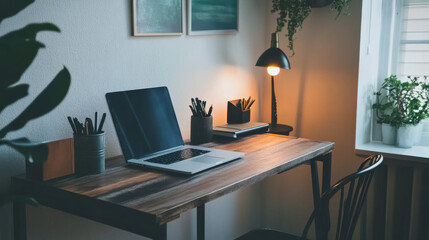 Minimalist Home Office Setup: Laptop, Desk, Plants, and Lamp