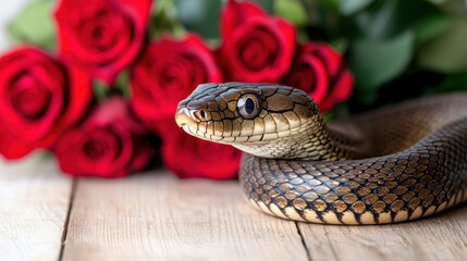 Obraz premium snake valentine concept. Elegant snake with shimmering scales beside vibrant red roses