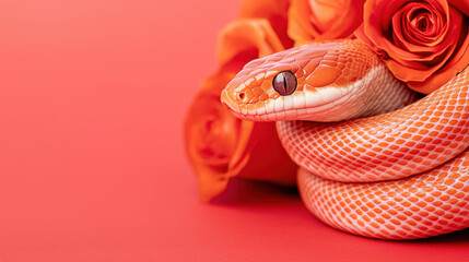 Fototapeta premium snake valentine concept. Elegant snake with shimmering scales wrapped around vibrant roses