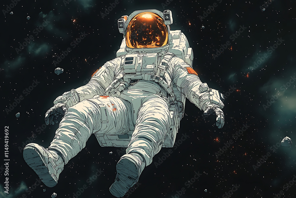Poster an astronaut floats in space, surrounded by asteroids and cosmic elements.
