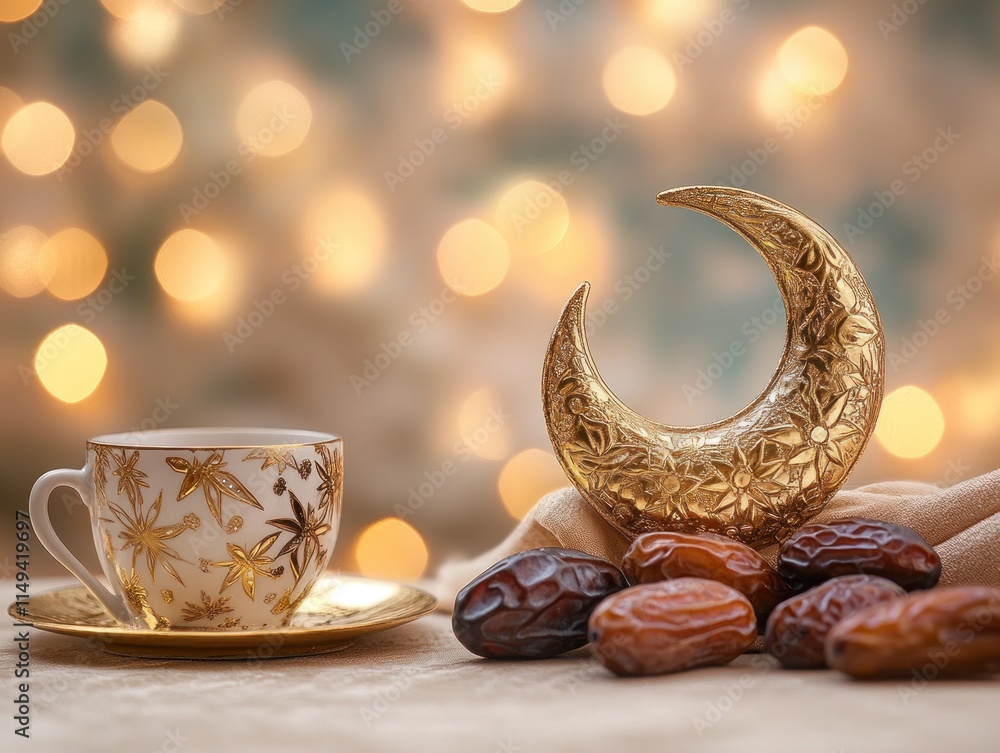 Aufkleber dates, crescent moon, and patterned teacup on table with bokeh lights.