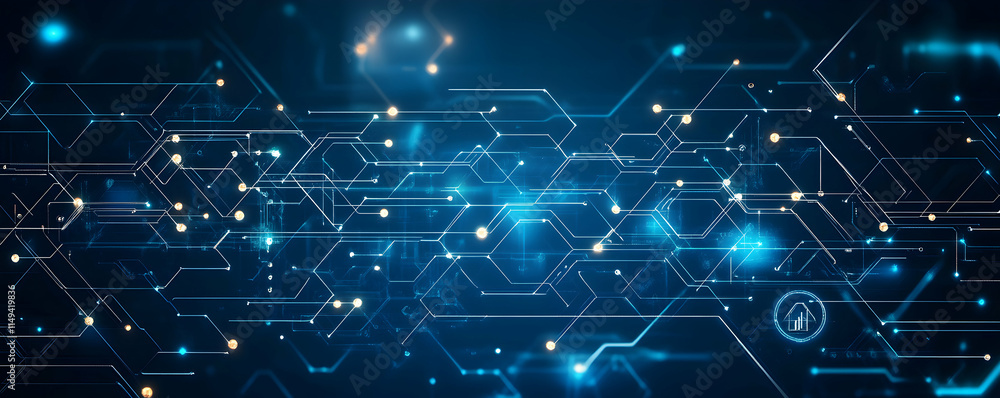 Poster abstract digital network design with glowing nodes and interconnected lines.