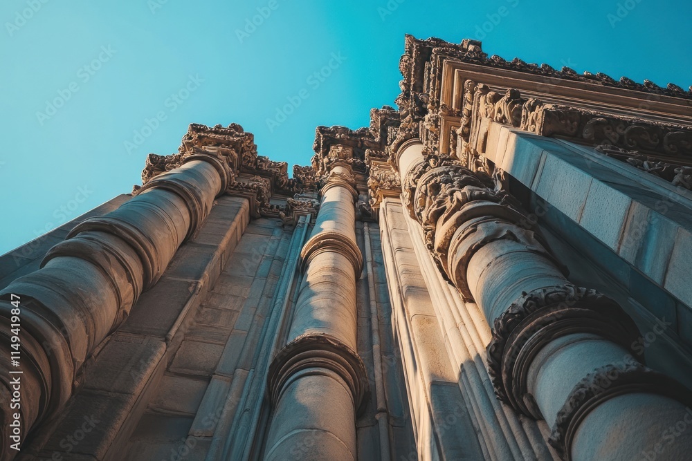 Aufkleber Low-angle view of ornate columns on a building against a clear blue sky.