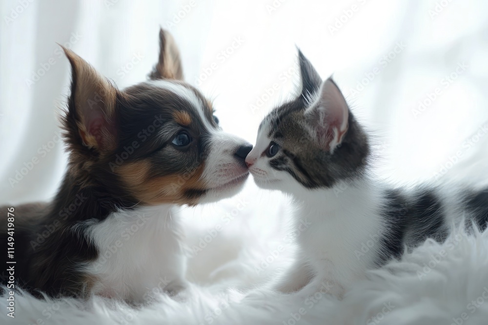 Poster puppy and kitten nose to nose, white soft background.