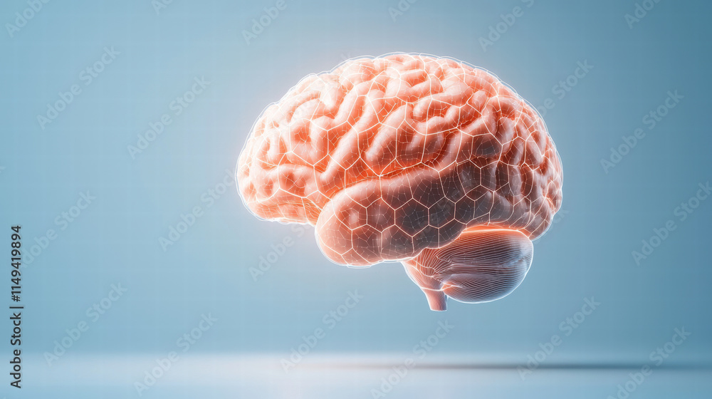 Poster brain visualized with hexagonal grids, showcasing intricate neural connections and soft lighting, re
