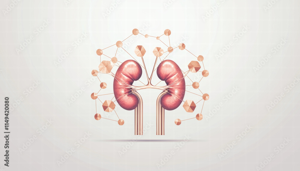 Poster geometric representation of kidneys with connected nodes and shapes, showcasing intricate structure 