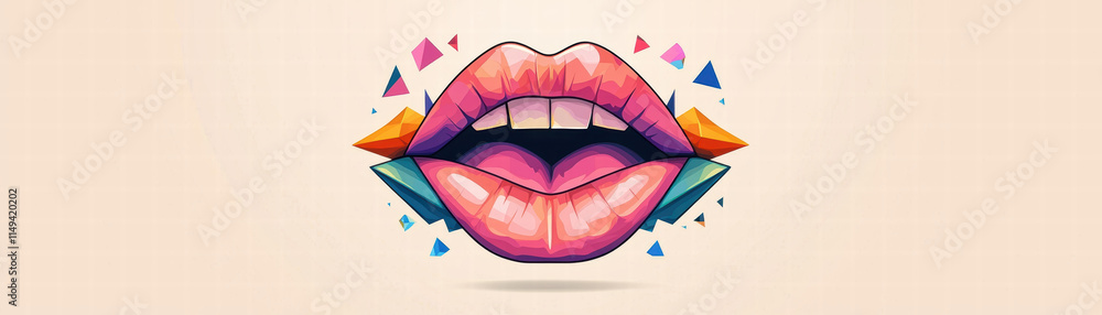 Poster vivid geometric lips with colorful accents and abstract shapes, creating striking visual effect. thi