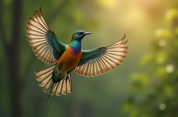 A vibrant bird in mid-flight with iridescent wings, captured sharply against a blurred natural background.

