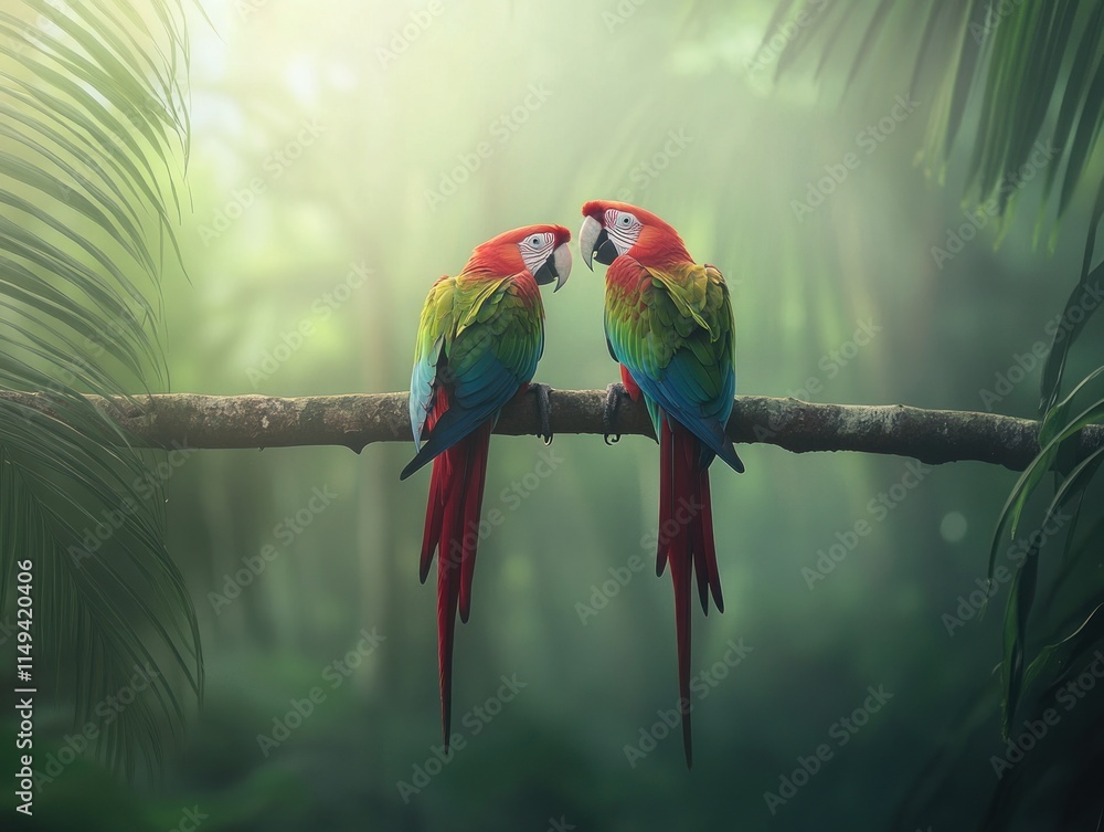 Poster pair of macaws perched on branch in jungle, facing each other.