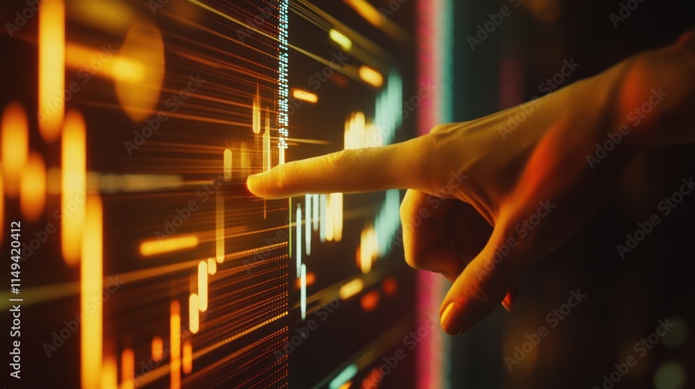 Aufkleber woman's finger touching a digital data graph on a glowing screen.