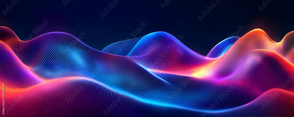 Poster abstract waves of vibrant colors creating a dynamic digital landscape.
