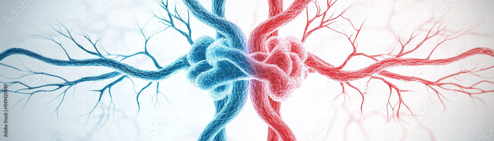 Poster abstract geometric arteries and veins intertwining in blue and red, creating striking visual represe