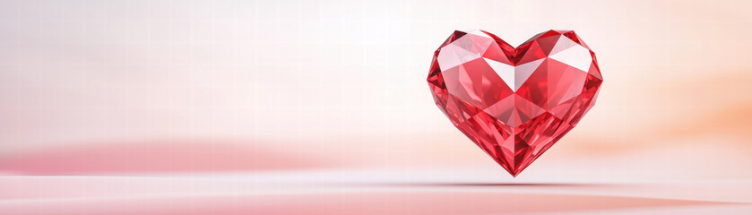 stunning red heart shaped crystal glimmers against soft gradient background, symbolizing love and passion. Its facets reflect light beautifully, creating enchanting visual