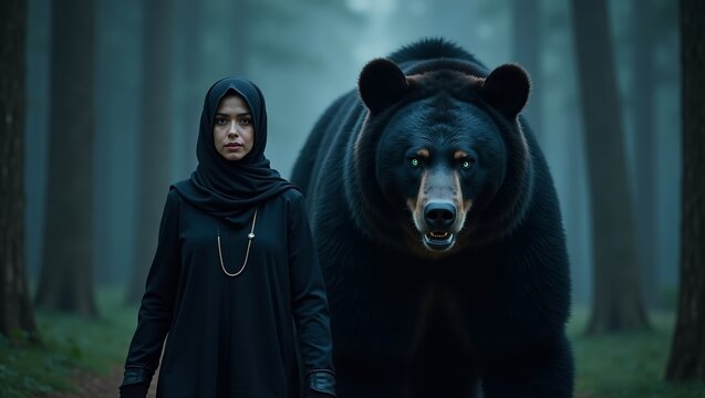 strong and confident woman wearing a black hijab walking alongside a massive tall black bear in the dark and mysterious forest 3D painting illustration  