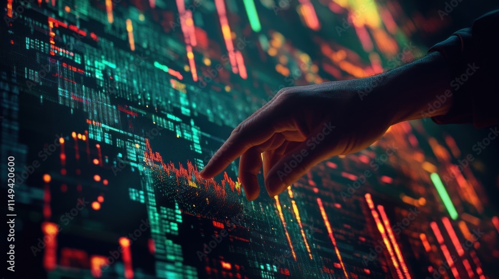 Poster hand interacts with glowing, data-filled display.