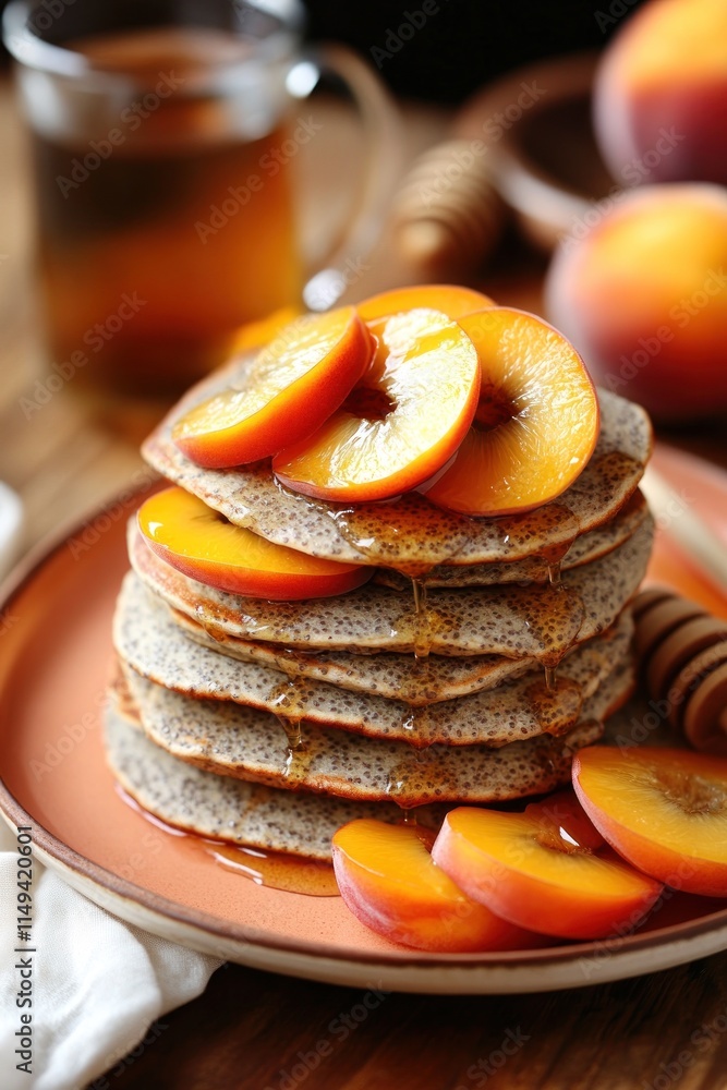 Poster stacked pancakes with peaches and honey on a plate.
